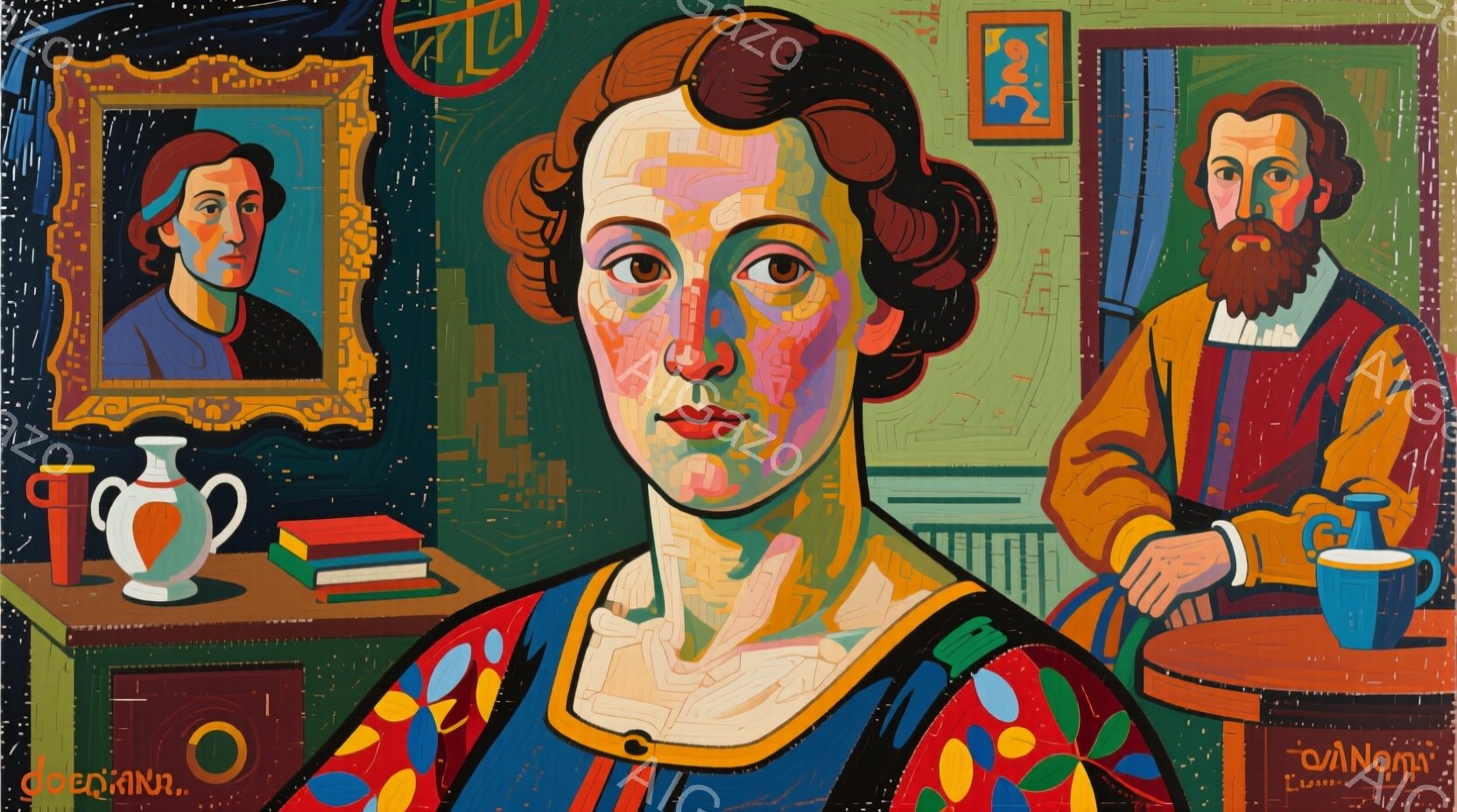 鮮やかな色彩で描かれた絵画は、中央に立つ女性と、背景に描かれた男性を写しています。女性は赤い髪をカールさせ、鮮やかな模様の服を着ており、少し憂いを帯びた表情でこちらを見つめています。背景には、都市の建 - AI生成フリー素材