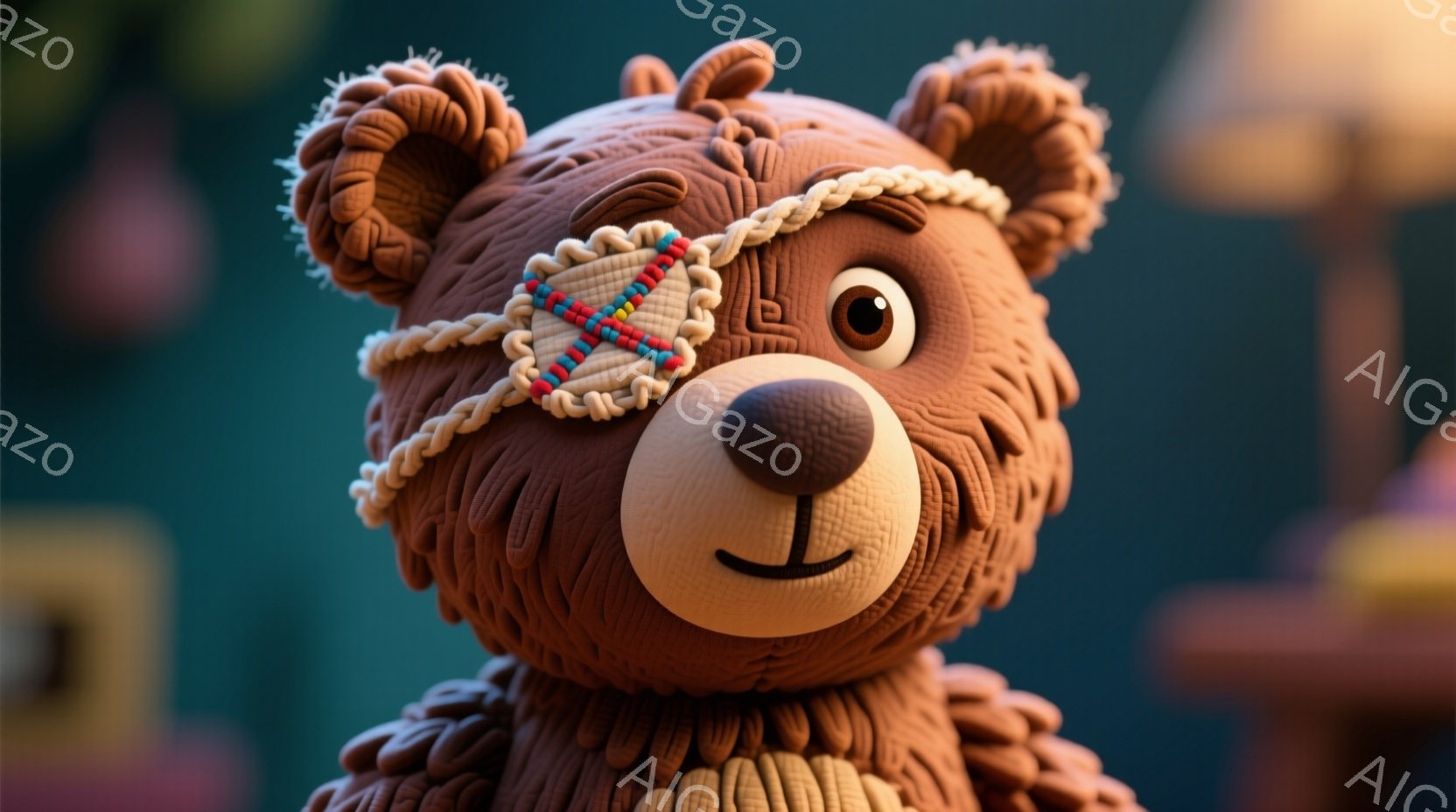 茶色のテディベアのクローズアップです。ベアは片目にカラフルなビーズが編み込まれた眼帯をつけており、愛らしい表情をしています。背景にはぼやけた家具が見え、温かく親密な雰囲気を作り出しています。 - AI生成フリー素材