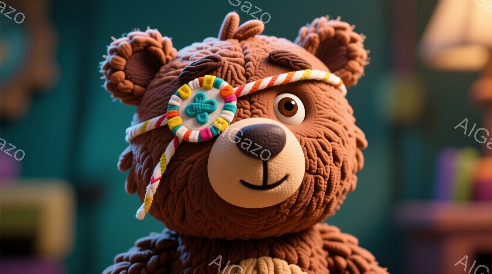 ぬいぐるみのような茶色のクマが、片目にカラフルなパッチを付けてこちらを見ています。その表情は穏やかで、柔らかい毛並みが暖かさを感じさせます。背景にはぼやけた部屋の一部が見え、全体的に優しい雰囲気の画像です。