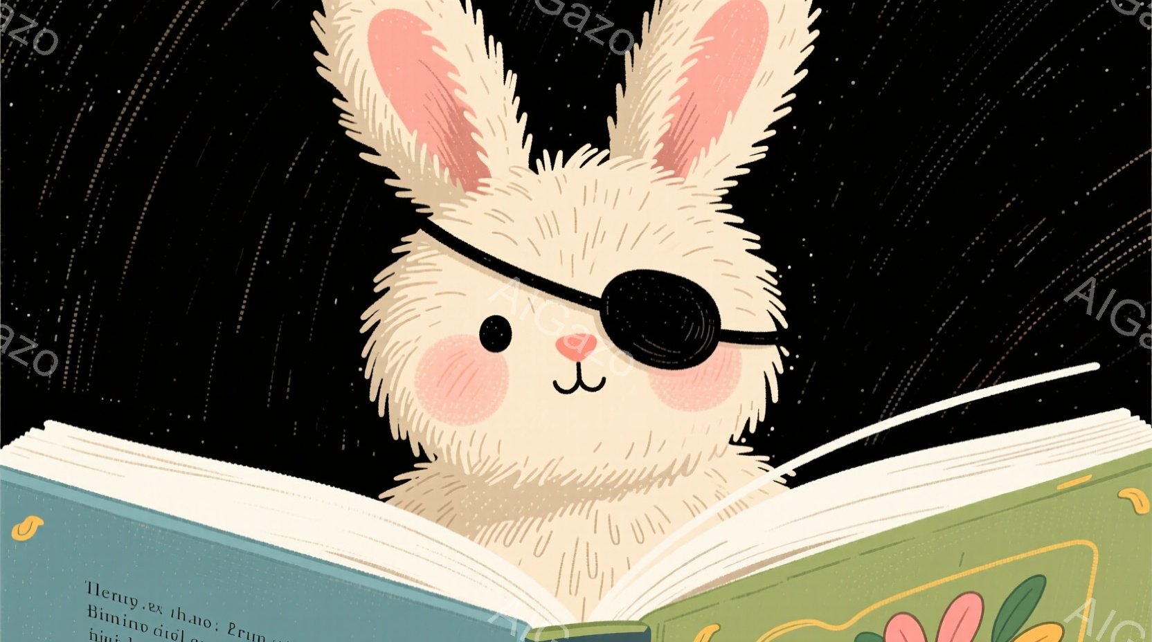 白いウサギが本の中から顔を出しています。片目に眼帯をしており、少しいたずらっぽい表情をしています。本のページは緑色とオレンジ色で装飾されており、背景は暗いグレーで、本の物語の世界に引き込まれるような雰囲気です。