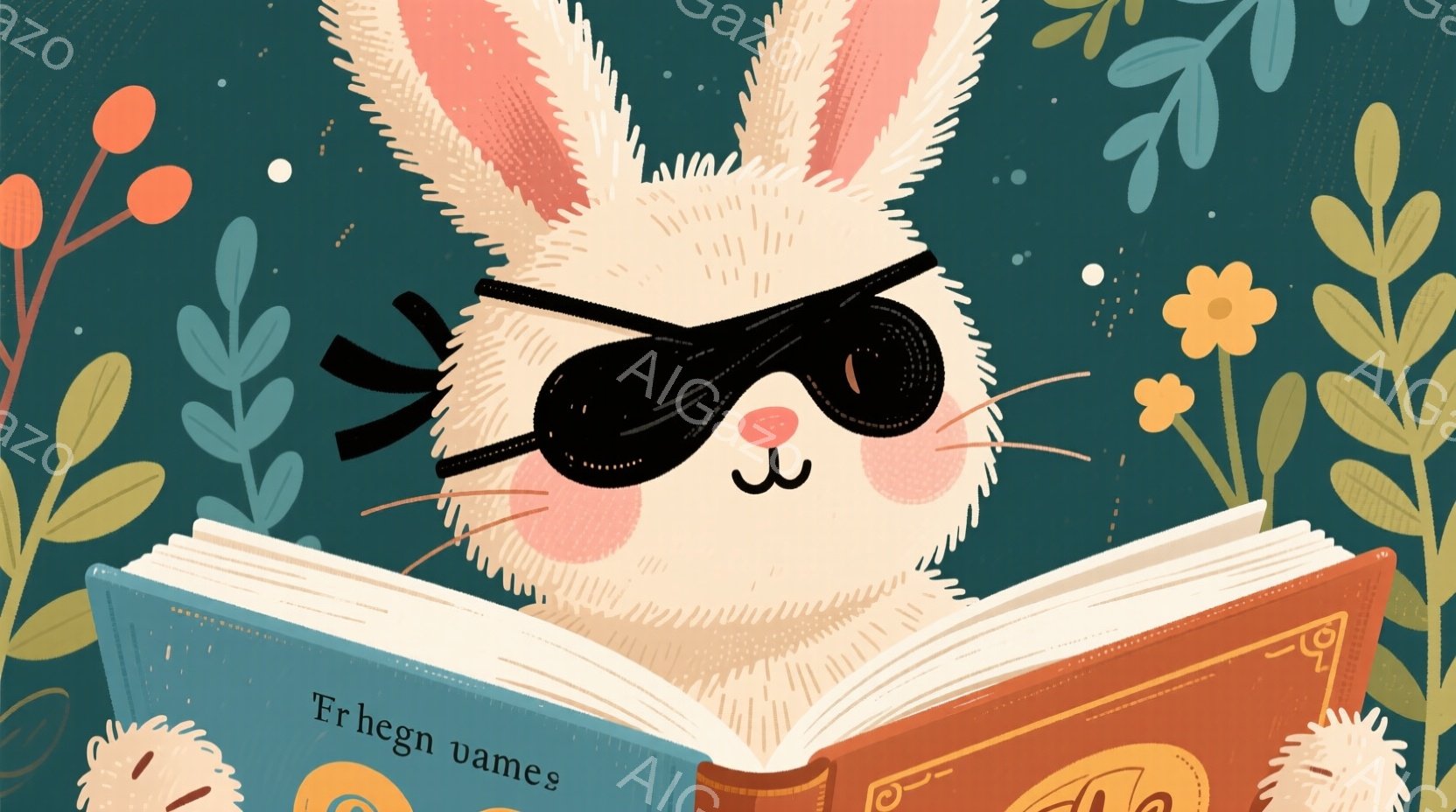 白いウサギが黒いサングラスをかけ、開いた本を読んでいます。ウサギは口を開け少し舌を出し、可愛らしい表情をしています。背景には、青緑色の背景に花や植物が描かれ、全体的に明るく遊び心のある雰囲気です。 - AI生成フリー素材