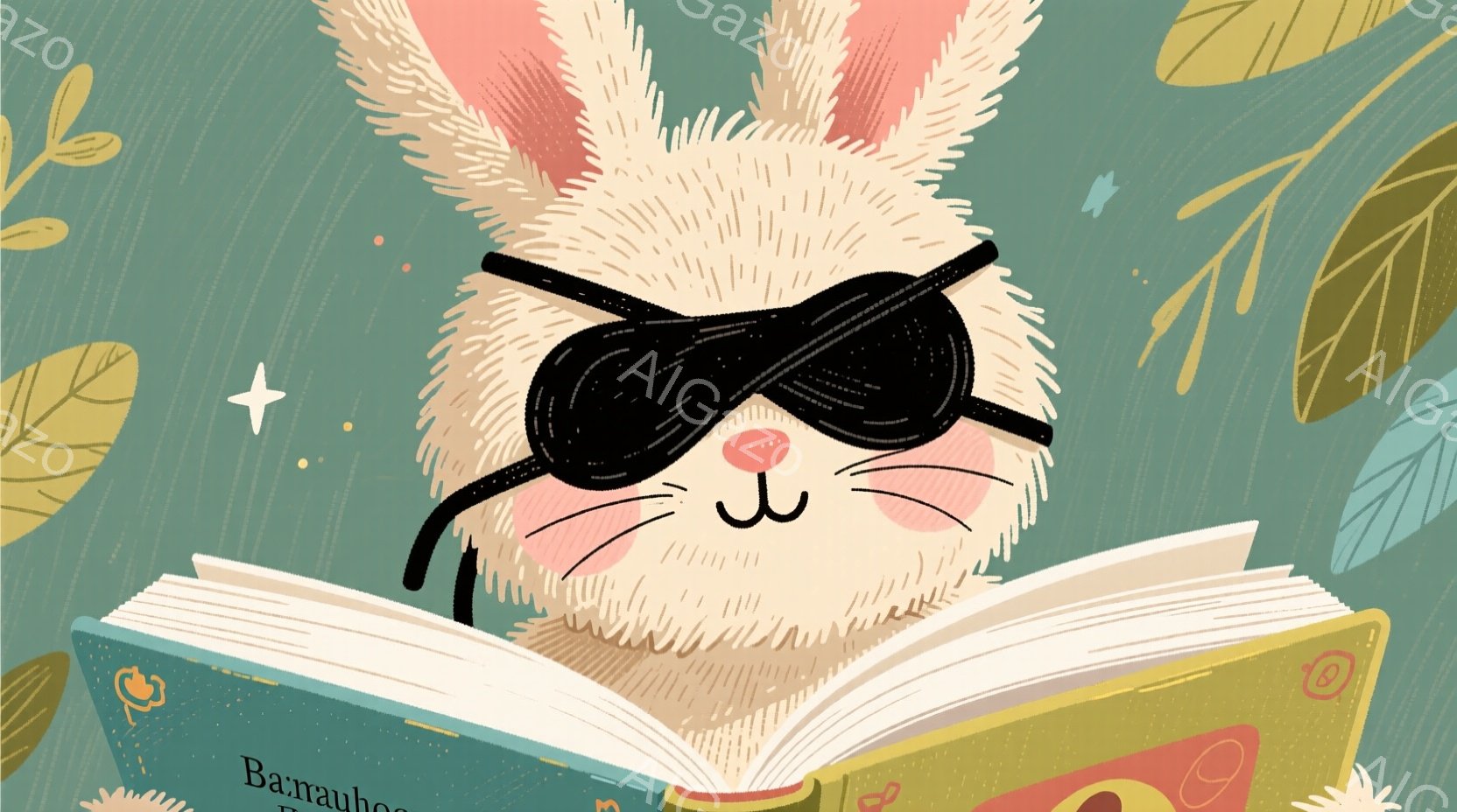 白い毛並みのウサギが、黒いアイパッチをつけ、開いた本を熱心に読んでいる姿が描かれています。ウサギはピンク色の頬を持ち、集中した表情で本に没頭しています。背景は淡い緑色で、植物のイラストが散りばめられ、 - AI生成フリー素材