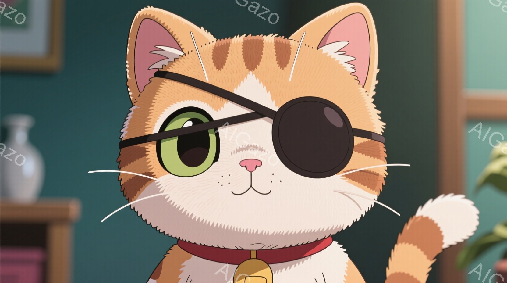 オレンジと白の縞模様の猫が、片目に眼帯をつけ、赤い首輪をしています。猫は正面を見ており、少し微笑んでいるように見え、全体的に愛らしい雰囲気です。背景は落ち着いた緑色で、家具が少し見え、居心地の良い室内空間を表しています。