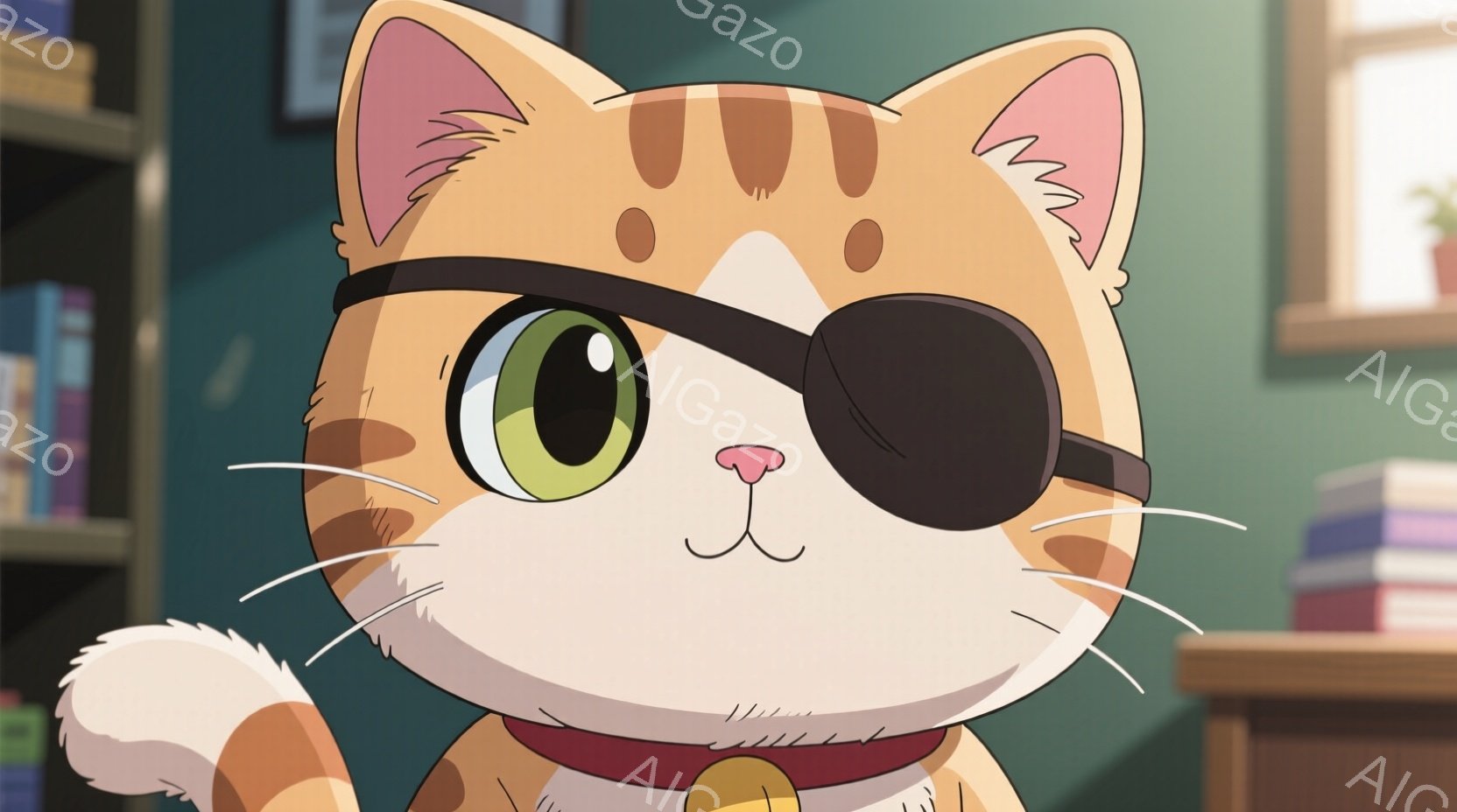 オレンジ色の縞模様の猫が描かれており、片目に眼帯をつけています。赤い首輪と小さな金のベルをつけており、片手を上げて軽く微笑んでいます。背景には本棚があり、部屋の様子から室内であることがわかります。