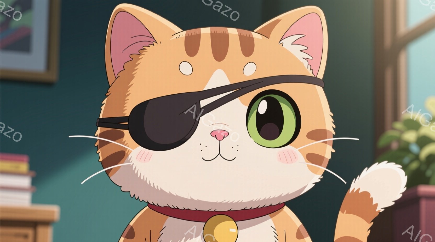 オレンジと白の縞模様の猫が描かれており、片目に眼帯をつけています。赤い首輪には金色のベルがついており、少し片手を上げています。背景は緑色の壁と本棚、植物があり、全体的に温かく可愛らしい雰囲気です。