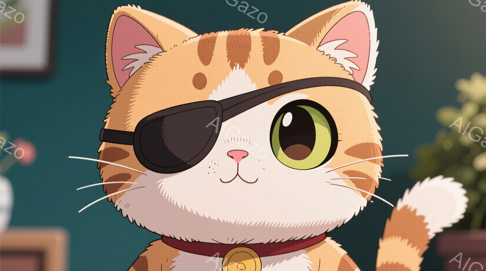 明るいオレンジ色の縞模様の猫がこちらを見ています。片目に眼帯をつけており、赤い首輪には金色のボタンが付いています。背景には植物と絵画が見え、全体的に暖かく、愛らしい雰囲気です。