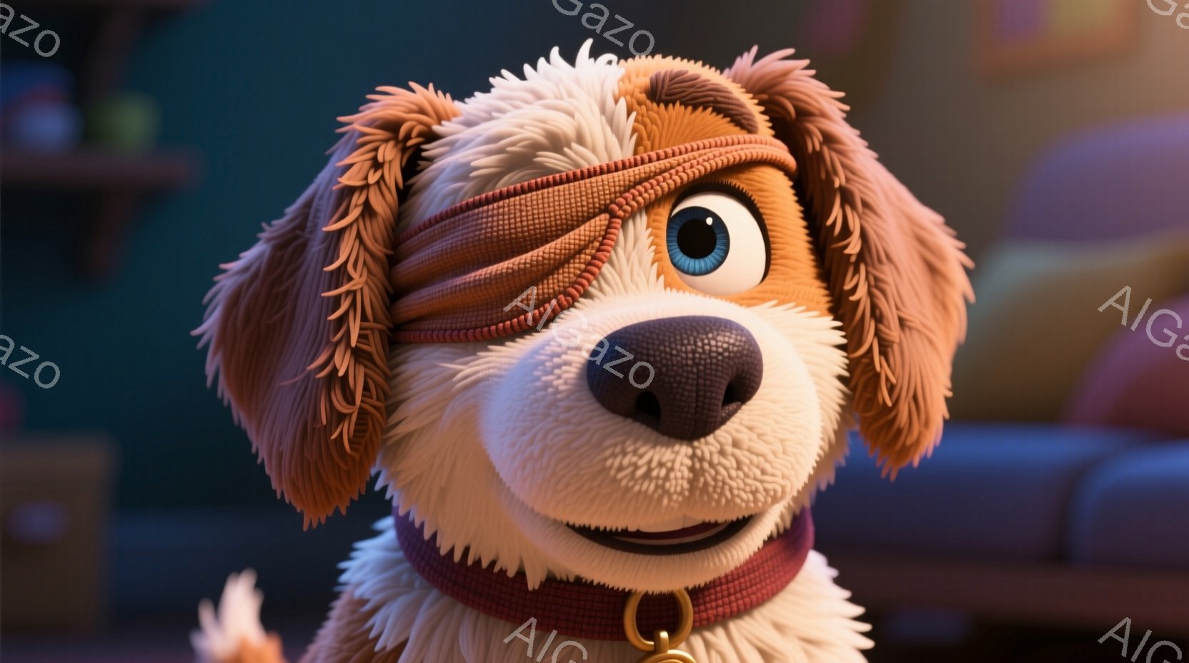 片目に眼帯をした、ふわふわの茶色い犬のクローズアップです。犬は赤い首輪をつけており、表情は明るく、少しいたずらっぽい笑顔を浮かべています。背景はぼかされており、家のリビングルームの一部が見え、全体的に暖かく、親しみやすい雰囲気です。