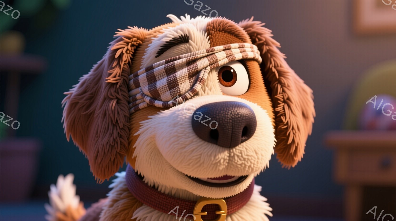 茶色い毛並みの犬のクローズアップです。頭にはストライプ模様のバンダナを巻き、首には革製の襟輪をつけています。表情は穏やかで、少し微笑んでいるように見え、全体的に温かく、親しみやすい雰囲気です。