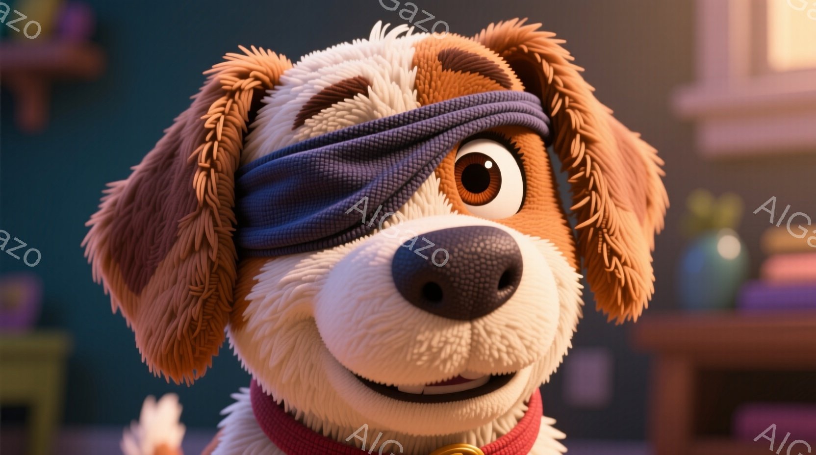 明るい茶色の毛並みで、片目に紫色のアイパッチをつけた犬がこちらを見ている。赤い首輪と金のタグをつけており、穏やかで友好的な笑顔を浮かべている。背景はぼやけているが、木製の家具と緑色の植物が見え、温かく親しみやすい雰囲気を醸し出している。