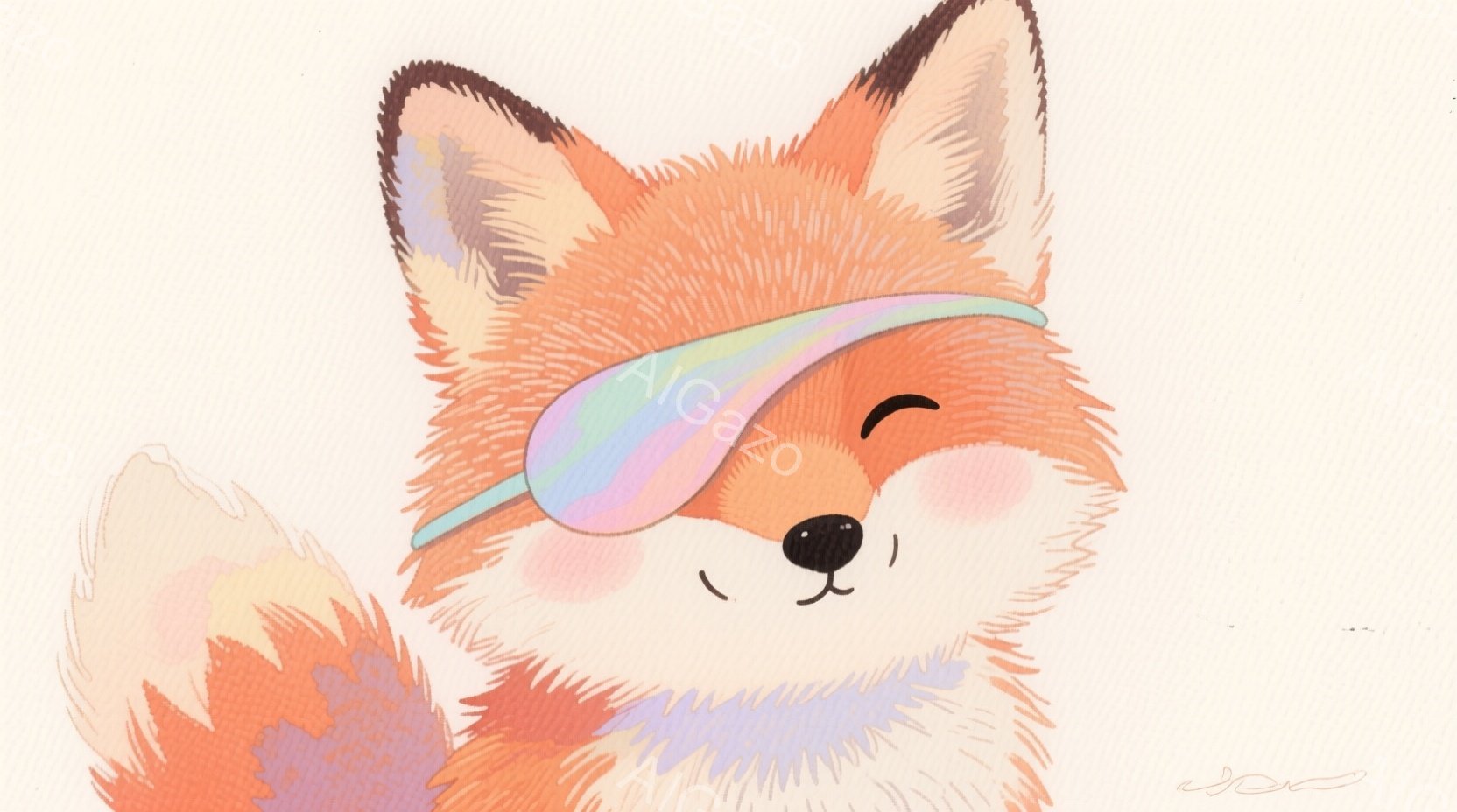 明るいオレンジ色のキツネが描かれており、虹色に輝くヘッドバンドを身につけています。 嬉しそうな表情で片目を閉じ、ふわふわとした毛並みが可愛らしいです。 背景は淡い色で統一されており、キツネが際立っています。