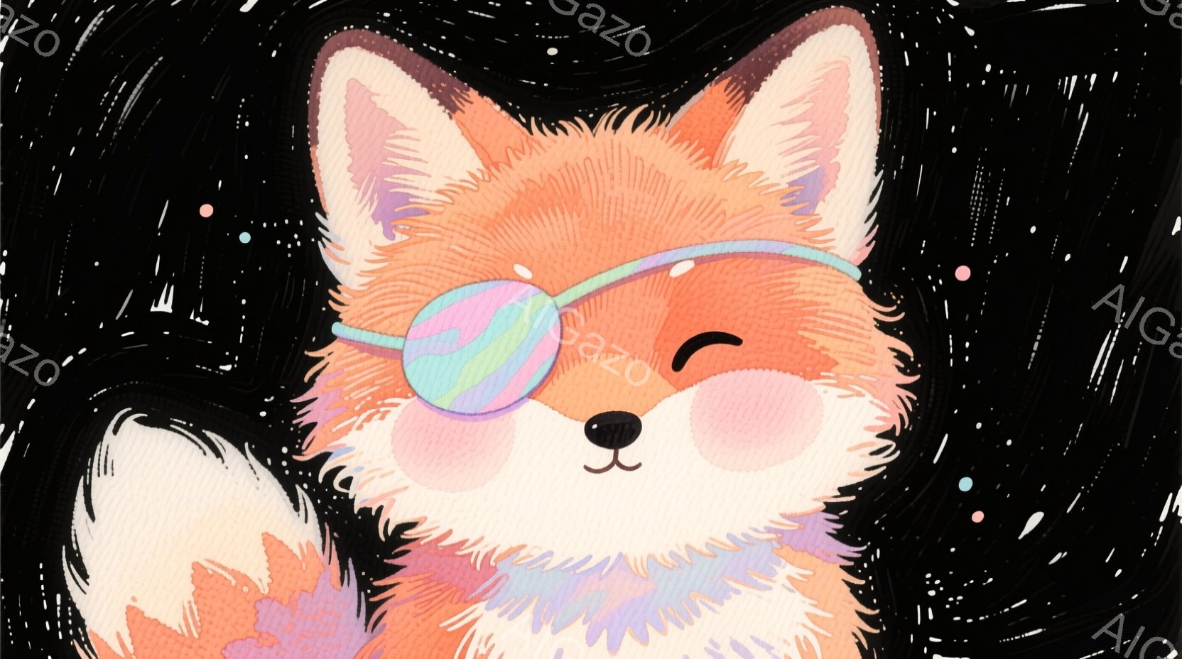 オレンジ色のキツネが描かれており、片目に水色の縞模様の眼帯をつけています。キツネは片目をウィンクさせ、少し微笑んでおり、柔らかく愛らしい表情をしています。背景は黒色で、小さなピンクと水色の星のような模 - AI生成フリー素材