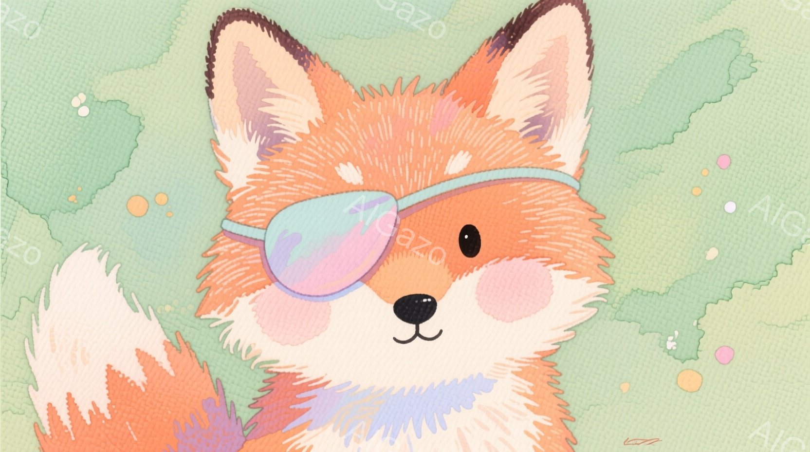 明るいオレンジ色のキツネが描かれており、片目に水色の眼帯をつけています。頬はピンク色に染まり、愛らしい表情をしています。背景はパステルグリーンの水彩画風で、ところどころに淡いピンクやオレンジの斑点が描かれており、柔らかく優しい雰囲気を醸し出しています。