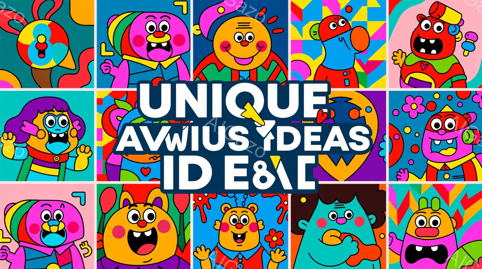 カラフルでポップなイラストレーションが並んでいます。各イラストには、さまざまな表情をした、大きく誇張された特徴を持つキャラクターが描かれており、陽気で遊び心のある雰囲気を醸し出しています。背景は鮮やかな色で構成され、花や抽象的な形が点在し、全体的に楽しげで夢のような世界観を作り出しています。