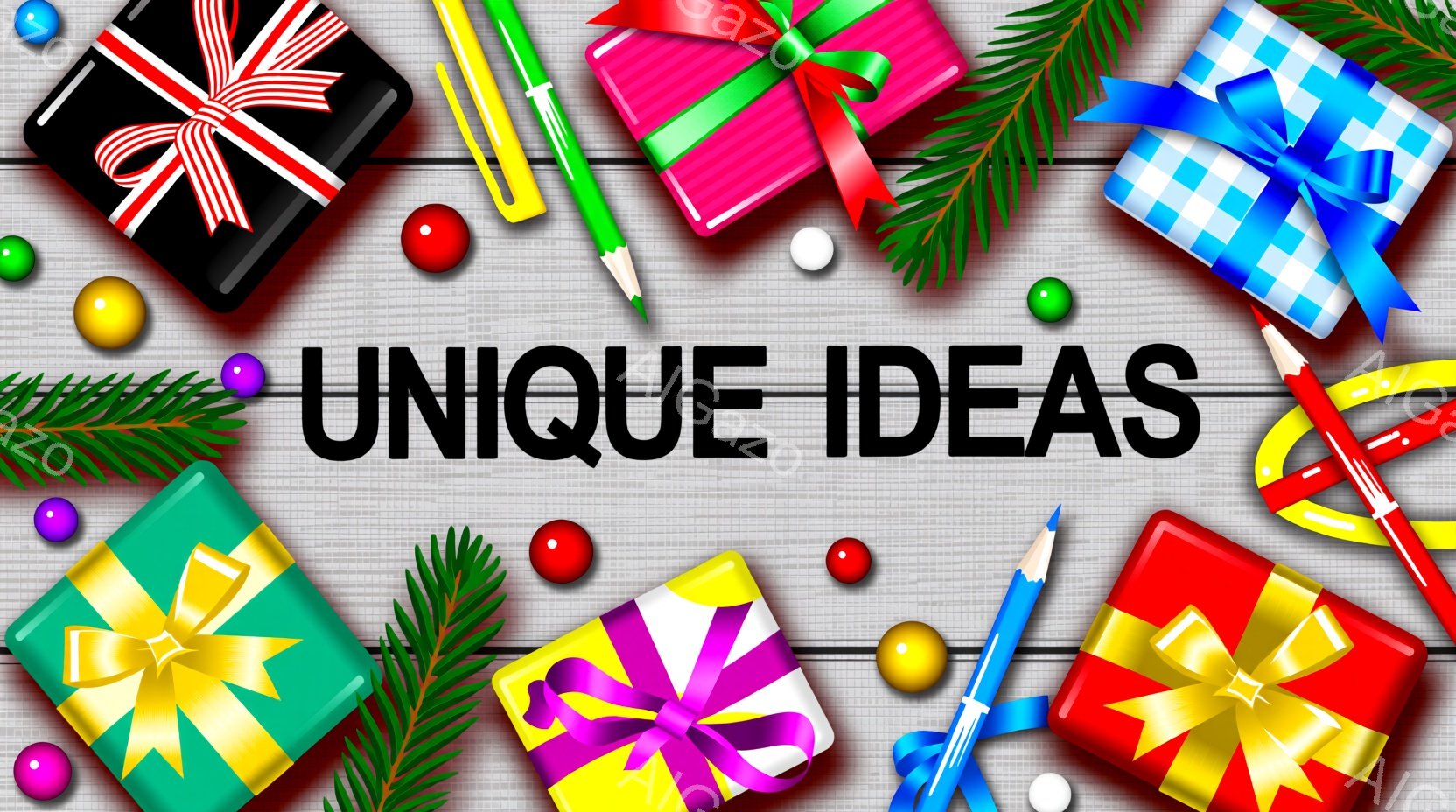 灰色の木目調の背景に、様々なカラフルなプレゼントと装飾品が散りばめられています。緑の葉っぱ、赤いボール、鉛筆などがプレゼントと共に配置され、お祝いの雰囲気を醸し出しています。プレゼントはそれぞれ異なる - AI生成フリー素材