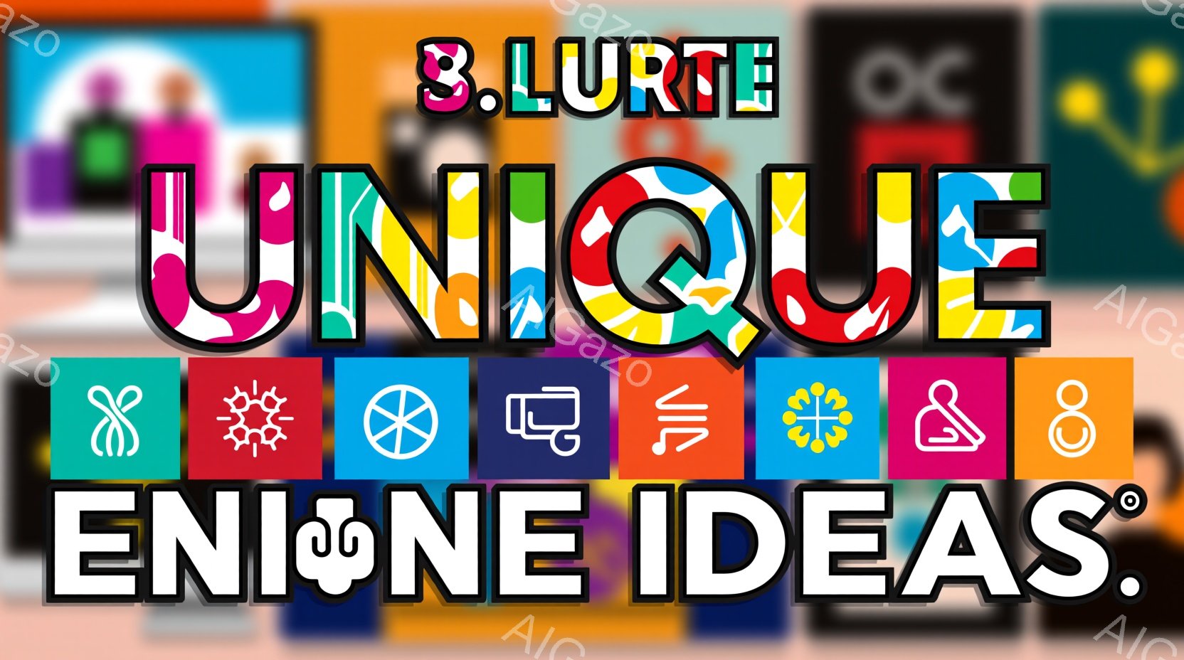 カラフルな背景に、様々なアイコンと文字が並んでいます。文字は「UNIQUE IDEAS」と「3. LURTE」と書かれており、ポップで現代的なデザインが印象的です。全体的に明るく活気のある雰囲気で、創 - AI生成フリー素材