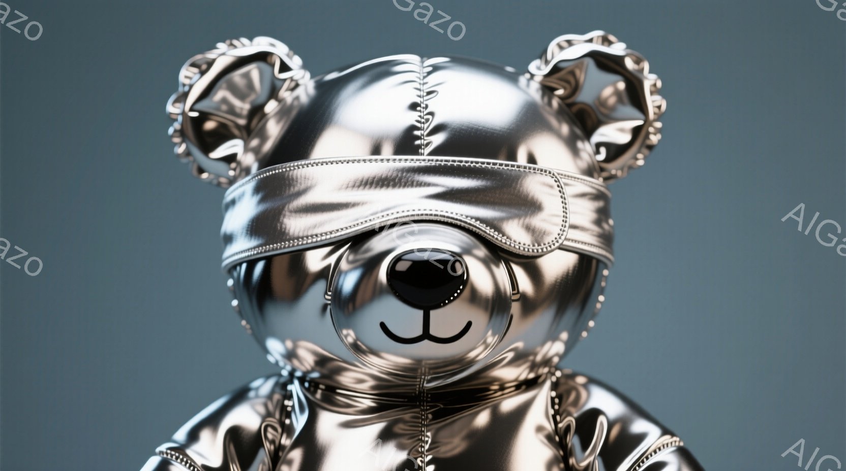 銀色のテディベアのクローズアップです。ベアは銀色の素材で覆われており、目元には銀色のバンドが巻かれています。背景は単調な青色で、ベアの光沢とコントラストが際立っています。