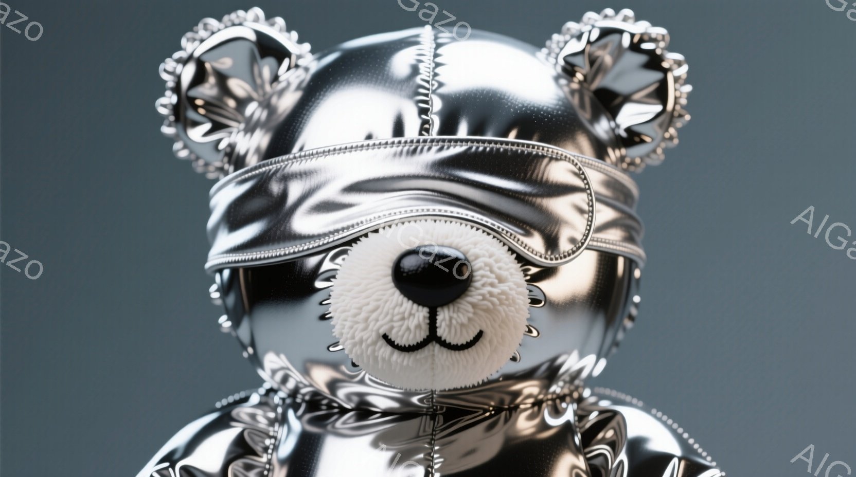 光沢のある銀色の素材で覆われたクマのぬいぐるみのおもちゃが写っています。頭には同様の素材で作られた帽子があり、顔は白い毛並みの鼻と口で構成されています。背景は均一なグレーで、おもちゃが際立っており、未来的で少し奇抜な雰囲気を醸し出しています。