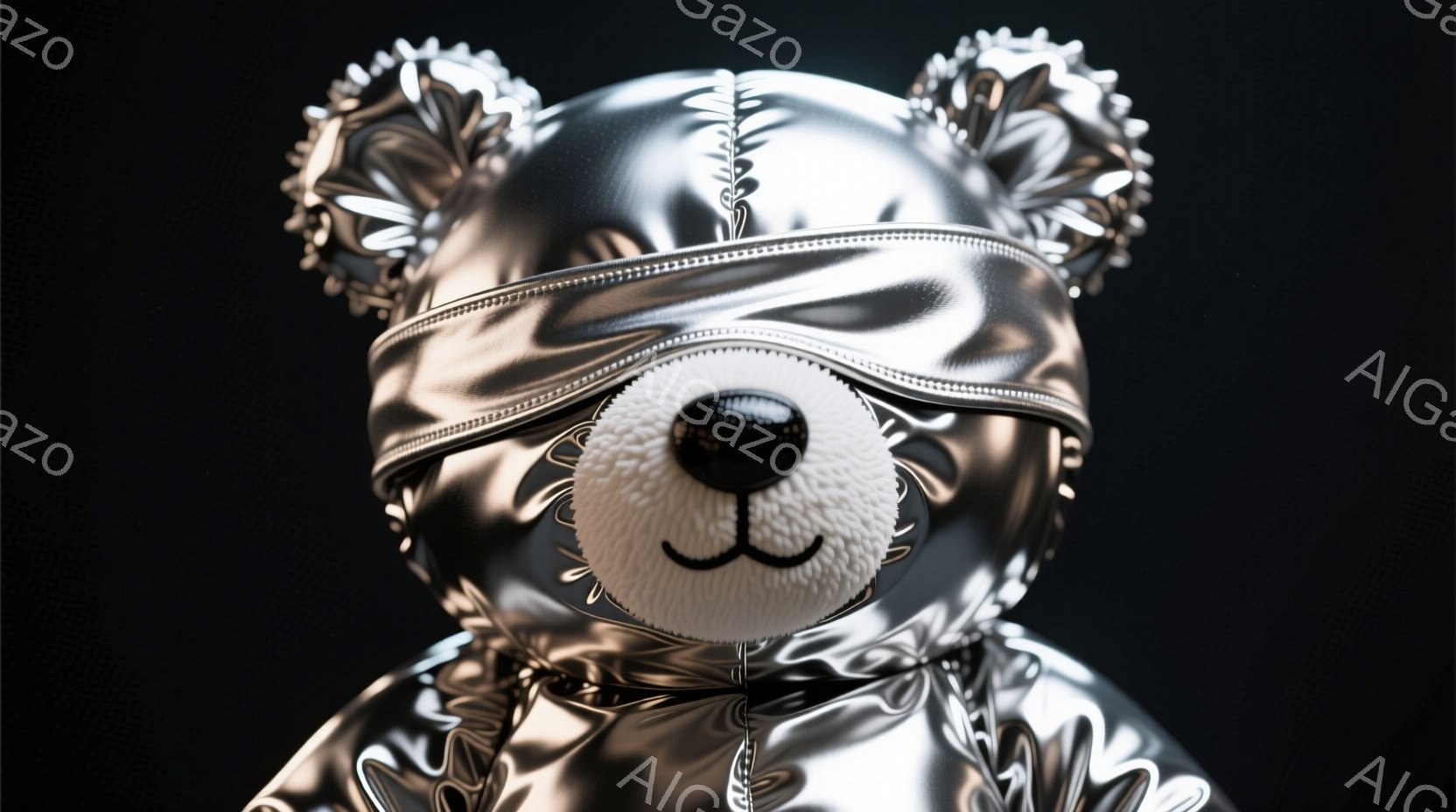 鮮やかな銀色の素材で覆われたテディベアが写っている。ベアは正面を向き、白い鼻と口が特徴的で、その表情は穏やかである。背景は暗く、ベアの金属的な質感が際立っており、未来的で洗練された雰囲気を醸し出している。