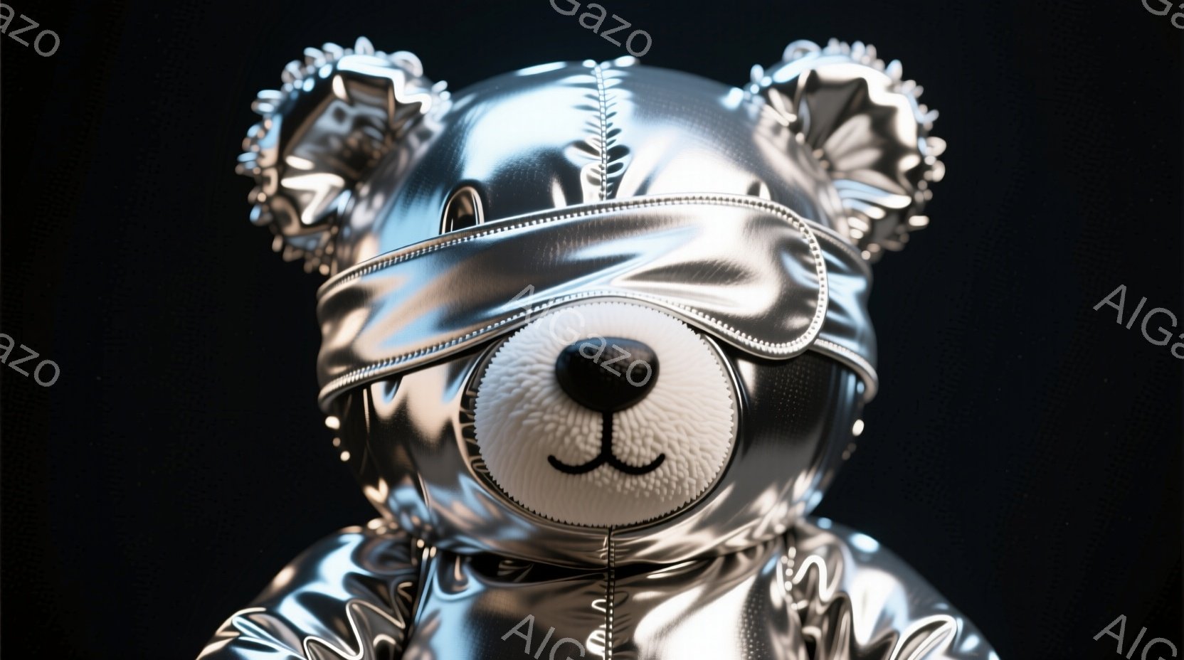 銀色のメタリックな質感のテディベアの胸像です。ベアは、つるつるとしたシルバーのスーツのようなものを身に着けており、白く柔らかい鼻とわずかに微笑んだ口を持っています。暗い背景が、ベアの光沢のある質感を際立たせており、未来的な雰囲気を醸し出しています。