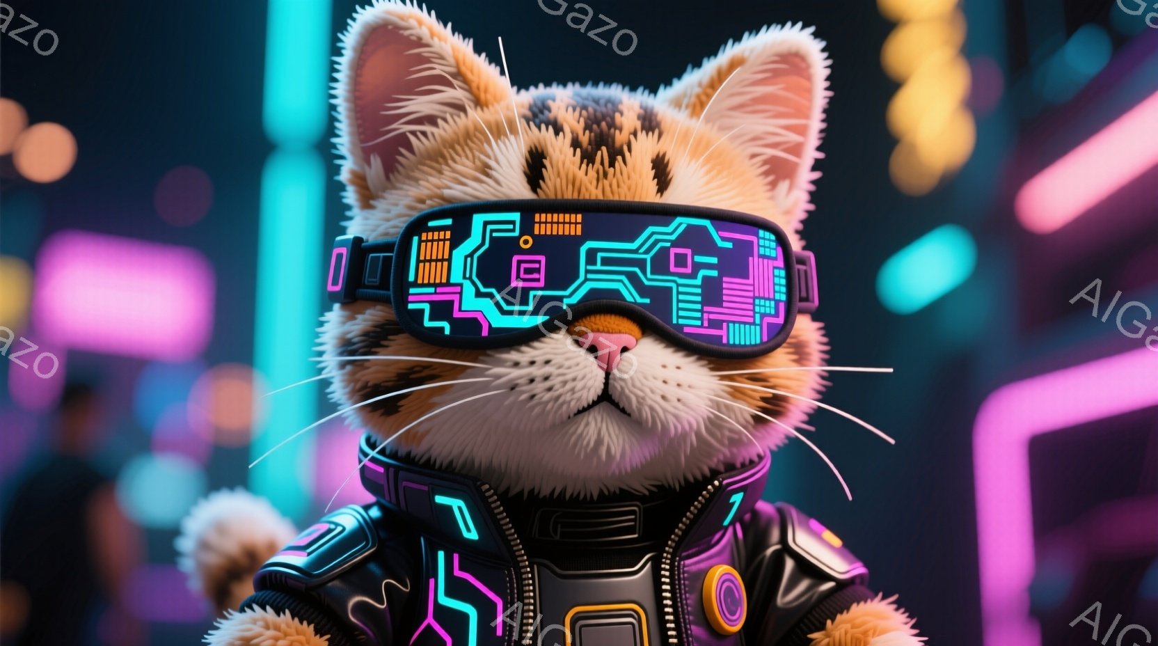 明るいオレンジ色の毛並みを持つ猫が、未来的なデザインのゴーグルと黒いジャケットを着ています。猫は正面をまっすぐ見つめ、少し顔を傾けており、クールで自信のある表情をしています。背景は、ネオンライトで照ら - AI生成フリー素材