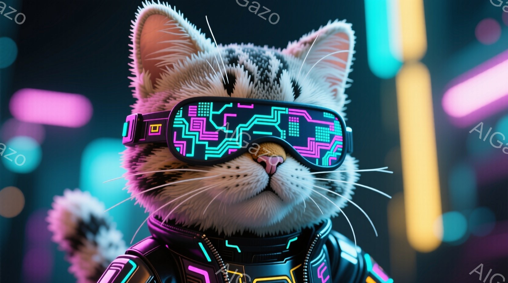 白地に黒い斑点模様の猫が、未来的なデザインのゴーグルと、ネオンライトが光る黒いジャケットを着ています。猫は正面を見据え、少し真剣な表情を浮かべており、サイバーパンクな雰囲気です。背景はぼやけたネオンカラーの光で満たされ、近未来的な都市の光景を想起させます。