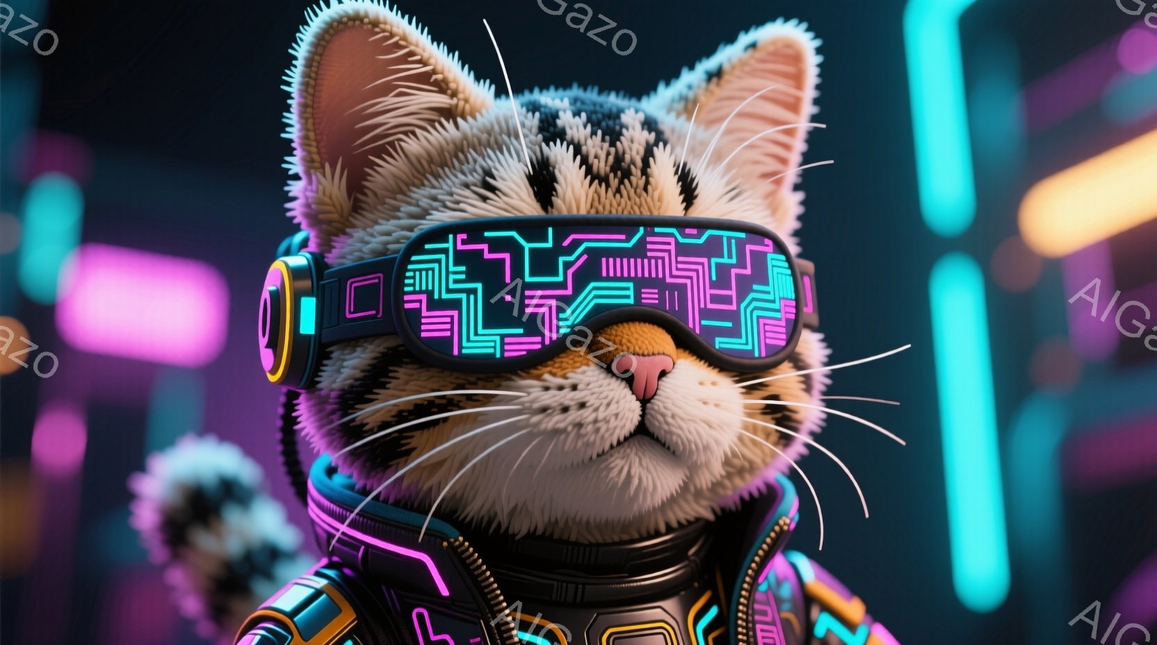 未来的なゴーグルを装着した虎の顔のクローズアップです。虎は、ネオンライトが光る複雑なデザインのサイバーパンク風のジャケットを身につけています。背景には、鮮やかなピンクと青色のネオン管がぼやけており、未 - AI生成フリー素材