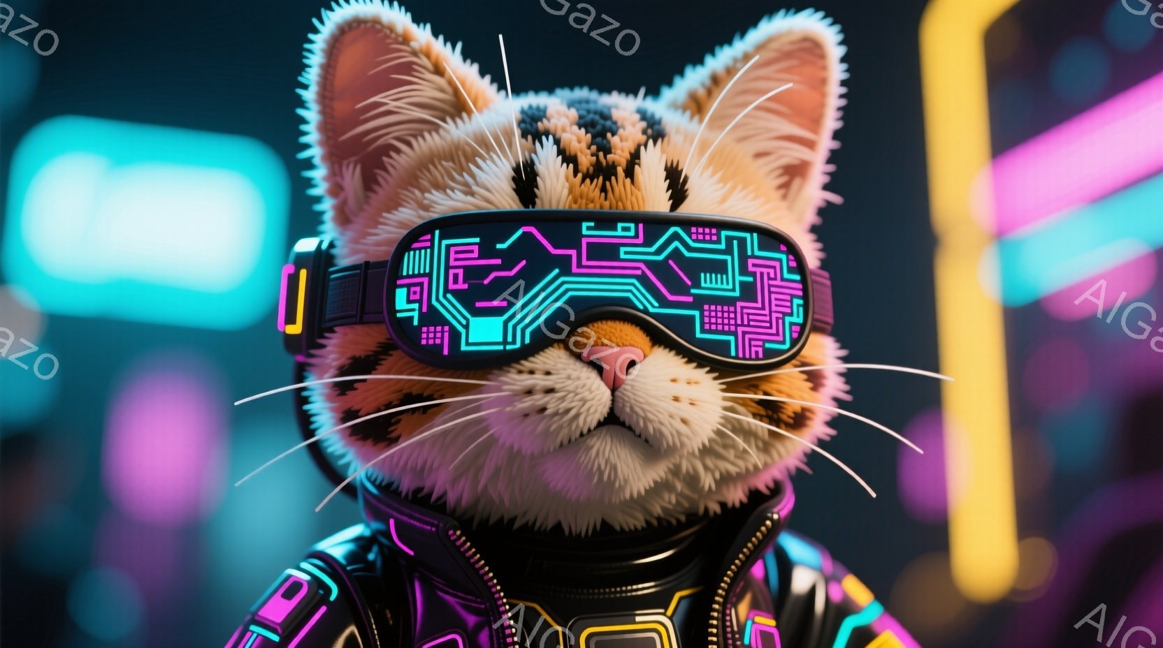 鮮やかなネオンカラーの光が輝く近未来的な背景の中で、虎柄の猫が最先端のゴーグルをかけてこちらを見つめている。猫は黒と紫のハイテクなスーツを着ており、未来的なファッションセンスを強調している。 全体的に、サイバーパンクと可愛らしさが融合した、活気に満ちた雰囲気である。