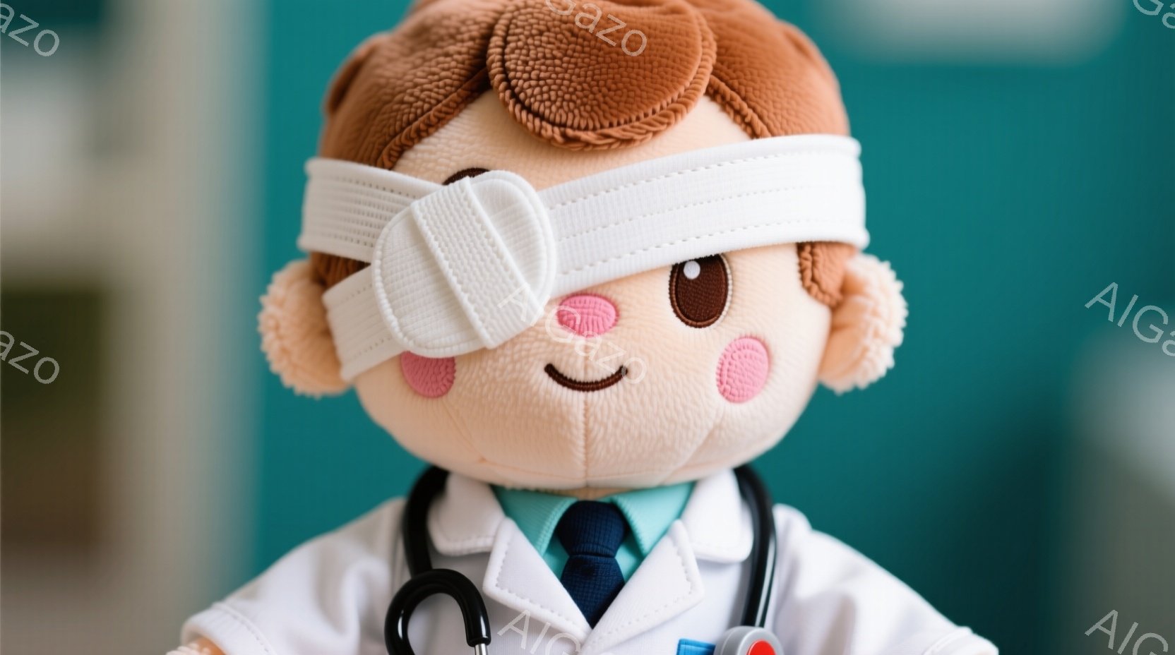これは、茶色の髪の毛と赤い頬を持つ、医者のぬいぐるみのクローズアップ写真です。白い医者のガウンと青いネクタイを身につけ、片目に眼帯をつけています。背景はターコイズブルーで、医療機関を思わせる雰囲気が漂っています。