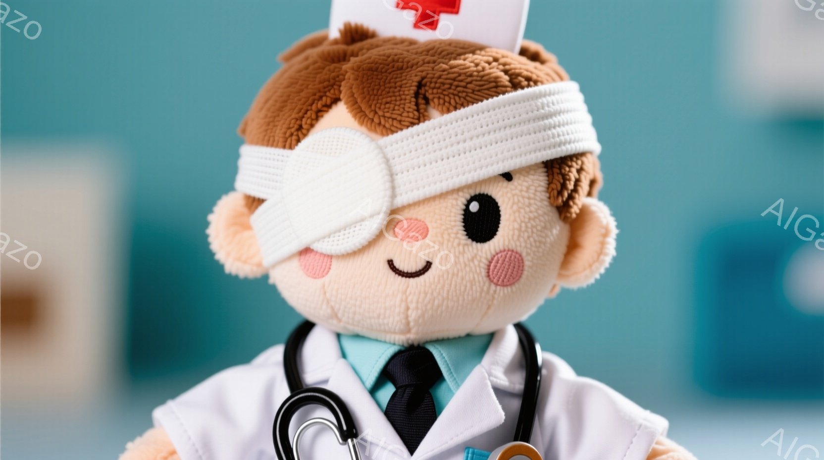 ふわふわの茶色の毛並みを持つおもちゃの猿が、白衣とネクタイを身につけています。片方の目に包帯を巻き、首には聴診器をかけており、少し困ったような、またはお茶目な表情をしています。背景は薄い水色で、ぼやけた医療機器がわずかに見え、全体的に優しい雰囲気を醸し出しています。