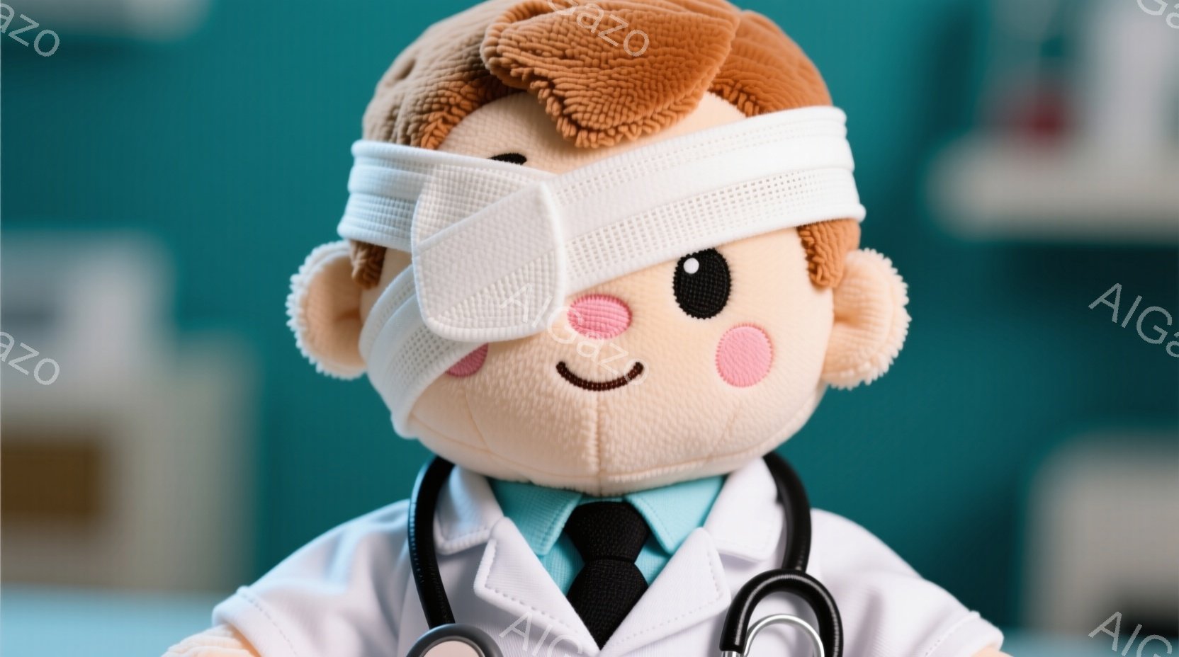 ふわふわの茶色い毛並みを持つ、医者姿のぬいぐるみです。片目に包帯を巻き、白衣に聴診器をかけており、優しい笑顔を浮かべています。背景はターコイズブルーで、ぼやけた医療器具がいくつか見え、全体的に温かく、 - AI生成フリー素材