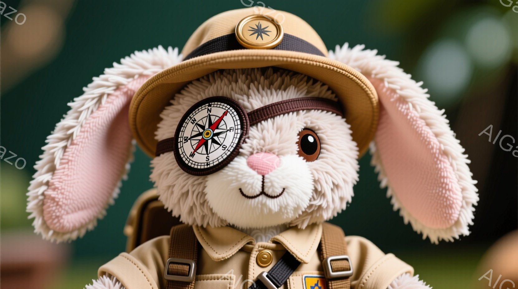 ふわふわのクリーム色のウサギのぬいぐるみは、探検家風の衣装を身に着けています。茶色の帽子にはコンパスが飾られており、少し笑ったような表情で、冒険心と愛らしさが溢れています。背景は緑色でぼやけており、ぬいぐるみが引き立つように工夫されています。