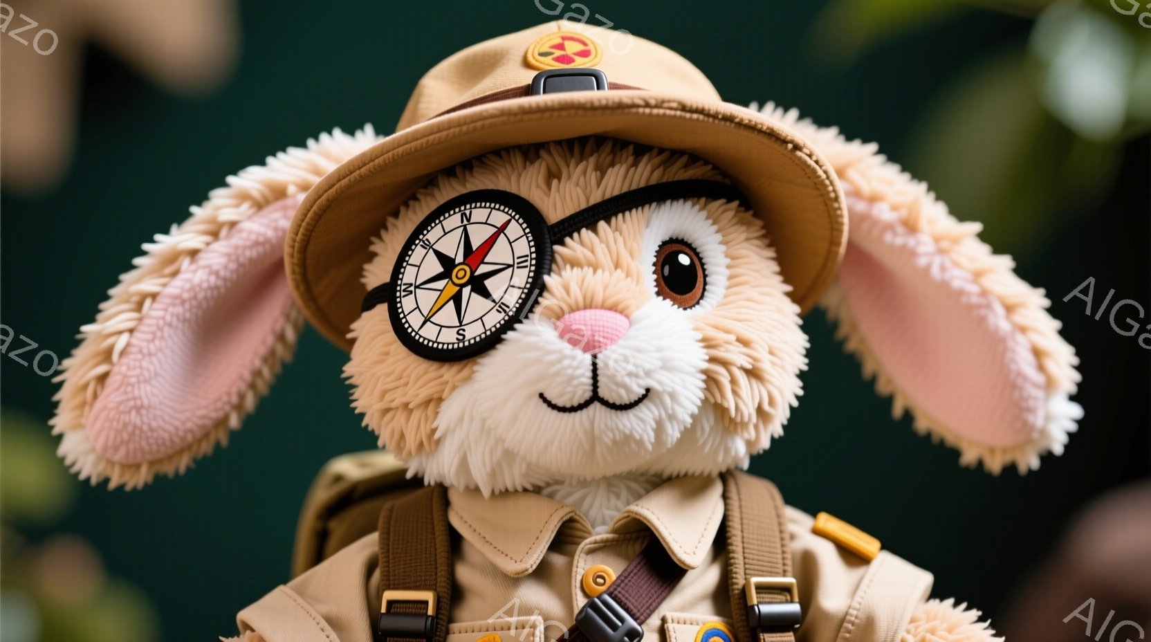 ふわふわのクリーム色のウサギのぬいぐるみは、探検家風の衣装を身につけています。片方の目にコンパスの模様が入った眼帯をしており、笑顔でカメラを見つめています。背景は濃い緑色で、ぬいぐるみがより際立って見えます。