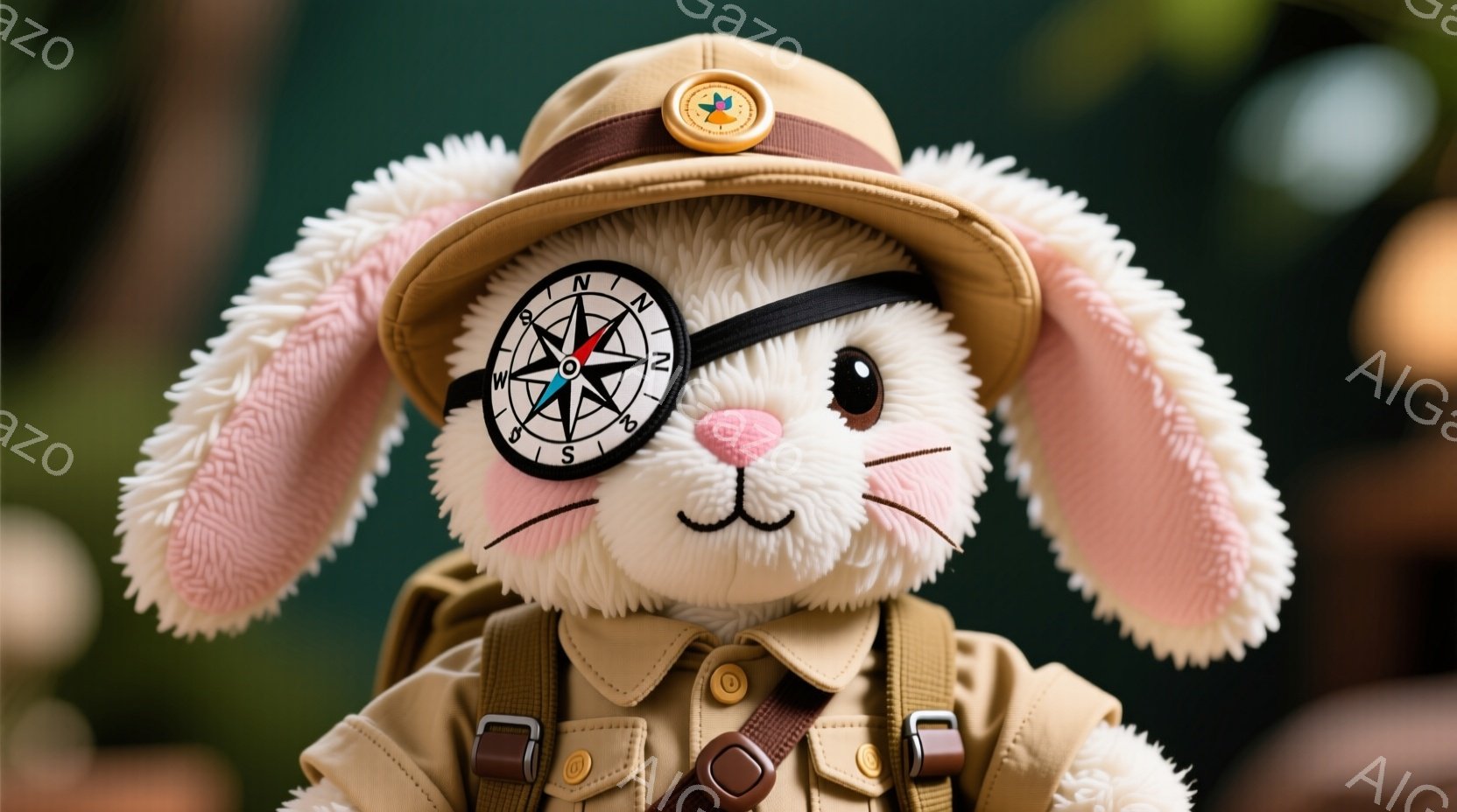 ふわふわの白いウサギのぬいぐるみは、探検家風の服装をしています。カーキ色のジャケットと帽子を身に着け、片目にコンパスの模様が入ったゴーグルをかけています。背景は緑の葉っぱでぼやけており、ぬいぐるみは冒険心と可愛らしさを表現しています。