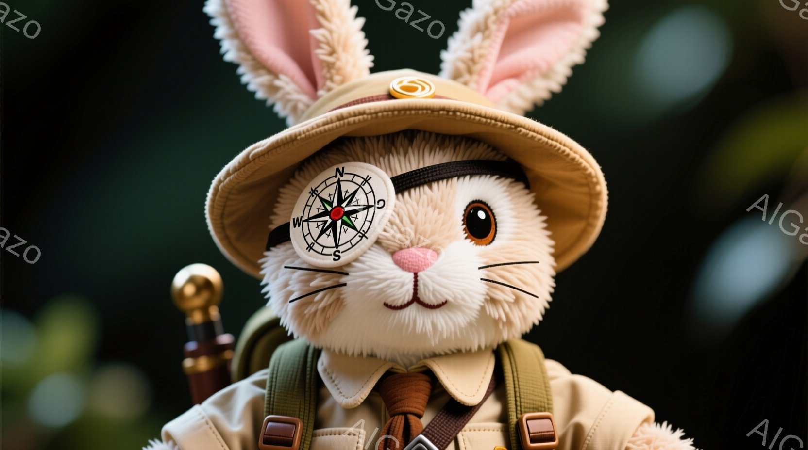 白いぬいぐるみウサギが、探検家風の服装で正面を見ている。ウサギは、つばの広い帽子を被り、片目にコンパスのパッチをつけ、肩にはリュックサックを背負っている。背景は暗くぼやけており、ウサギが冒険に出かけるような、少し神秘的な雰囲気を醸し出している。