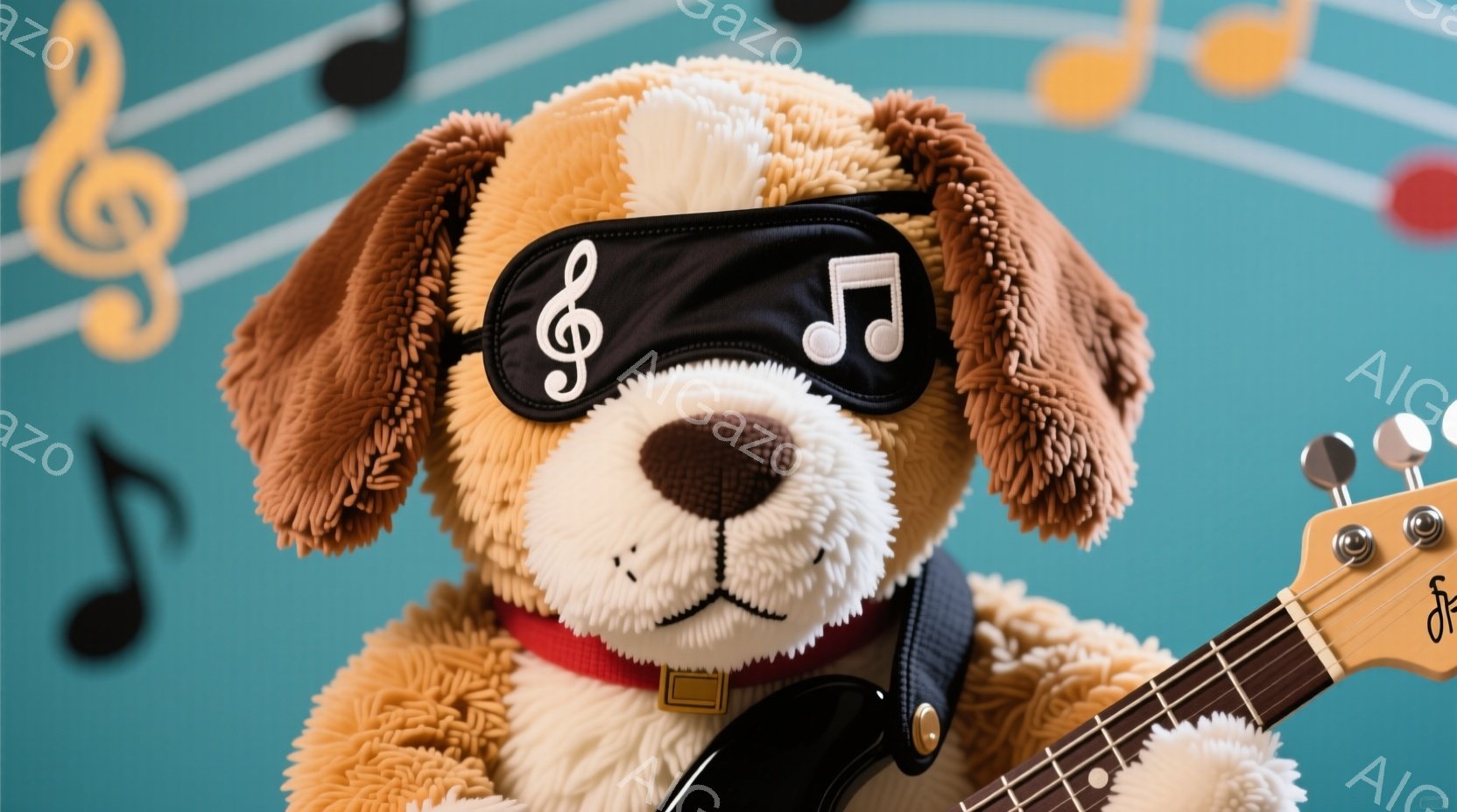 ふわふわの茶色の犬のぬいぐるみは、音楽記号が描かれた黒いヘッドバンドと赤い首輪をつけています。 ぬいぐるみはベースギターを肩に担ぎ、楽しげな表情をしています。 背景は明るい水色の壁で、様々な音楽記号が散りばめられており、陽気で遊び心のある雰囲気を醸し出しています。