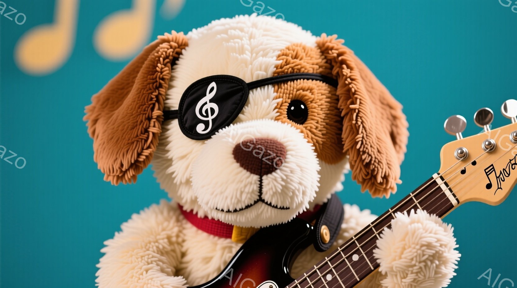 ふわふわの茶色と白の犬のぬいぐるみは、片目に眼帯をつけ、赤い首輪をしています。まるでプロのミュージシャンのようにギターを抱え、演奏しているようなポーズをとっています。背景は鮮やかなターコイズブルーで、 - AI生成フリー素材