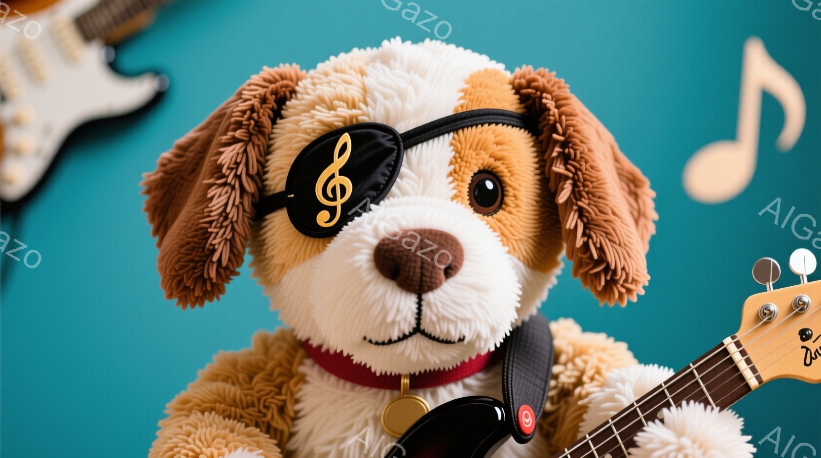 ふわふわの茶色の犬のぬいぐるみは、首に赤い首輪と、音楽記号が描かれたヘッドバンドをつけています。右手に持っているのはエレキギターで、まるでミュージシャンになりきっているようです。背景は鮮やかなターコイズブルーで、他のギターも写り込み、音楽的な雰囲気が漂っています。