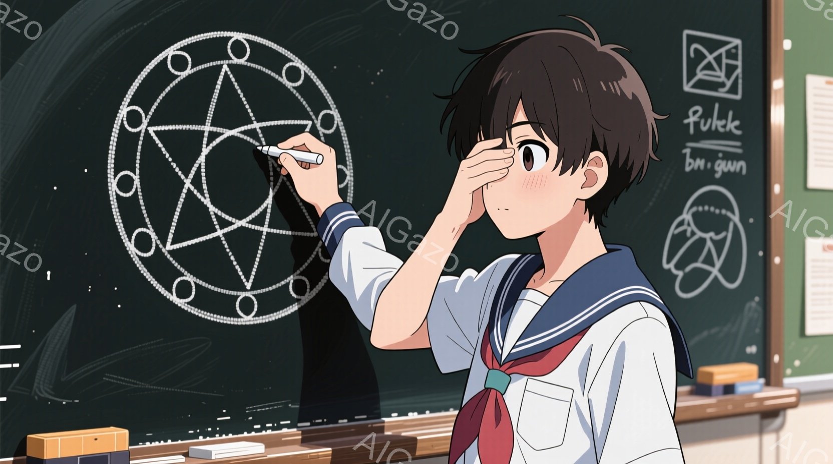 黒髪の男子学生が黒板の前でチョークで魔法陣を描いている。彼はセーラー服を着ており、少し照れたような表情で目を細めている。背景には黒板に書かれた別の模様と教室の机があり、全体的に少しミステリアスで青春を感じさせる雰囲気である。