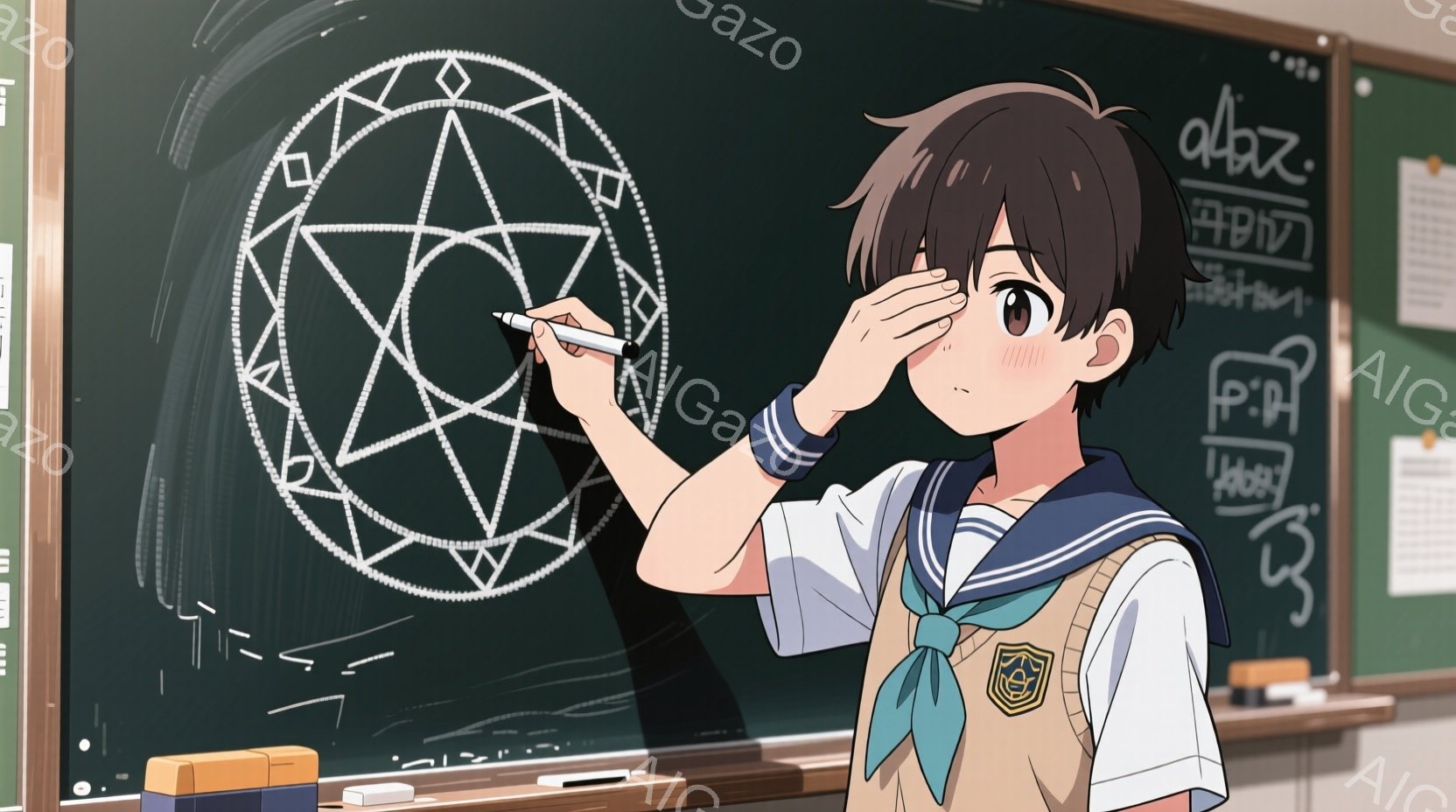 黒板の前で、制服を着た少年がチョークで魔法陣を描いています。彼は茶色の髪で、少し照れたような表情を浮かべ、右手にチョークを持ち、集中して円を描いています。背景には黒板とペンキが塗られた壁があり、教室の様子が伺えます。