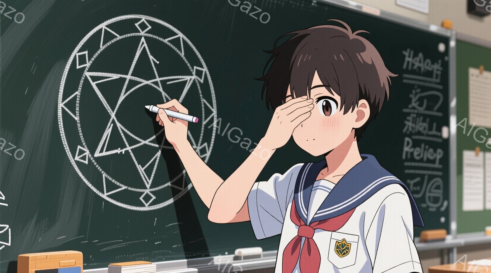 黒板の前で、制服を着た少年がチョークで複雑な図形を描いている。彼は短髪で、少し困ったような表情をしているが、集中して描いている様子が伺える。教室の背景には、机や椅子、そして壁に貼られたプリントやポスターが見え、学校の日常的な雰囲気が漂っている。