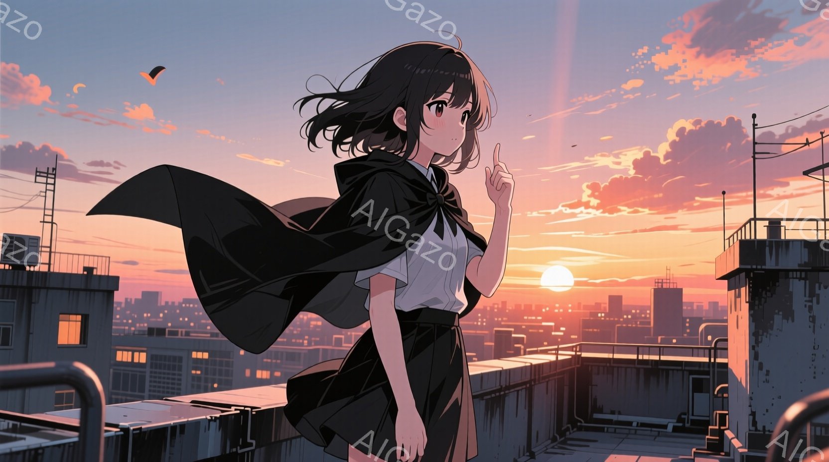 黒髪の少女が屋上に立っており、白いシャツと黒いスカート、そして黒いマントのようなものを身につけている。彼女は片手を顔の横に上げ、少し上目遣いで遠くを見つめている。背景には夕焼けの空と都市の建物が広がり、穏やかで少し寂しげな雰囲気が漂っている。