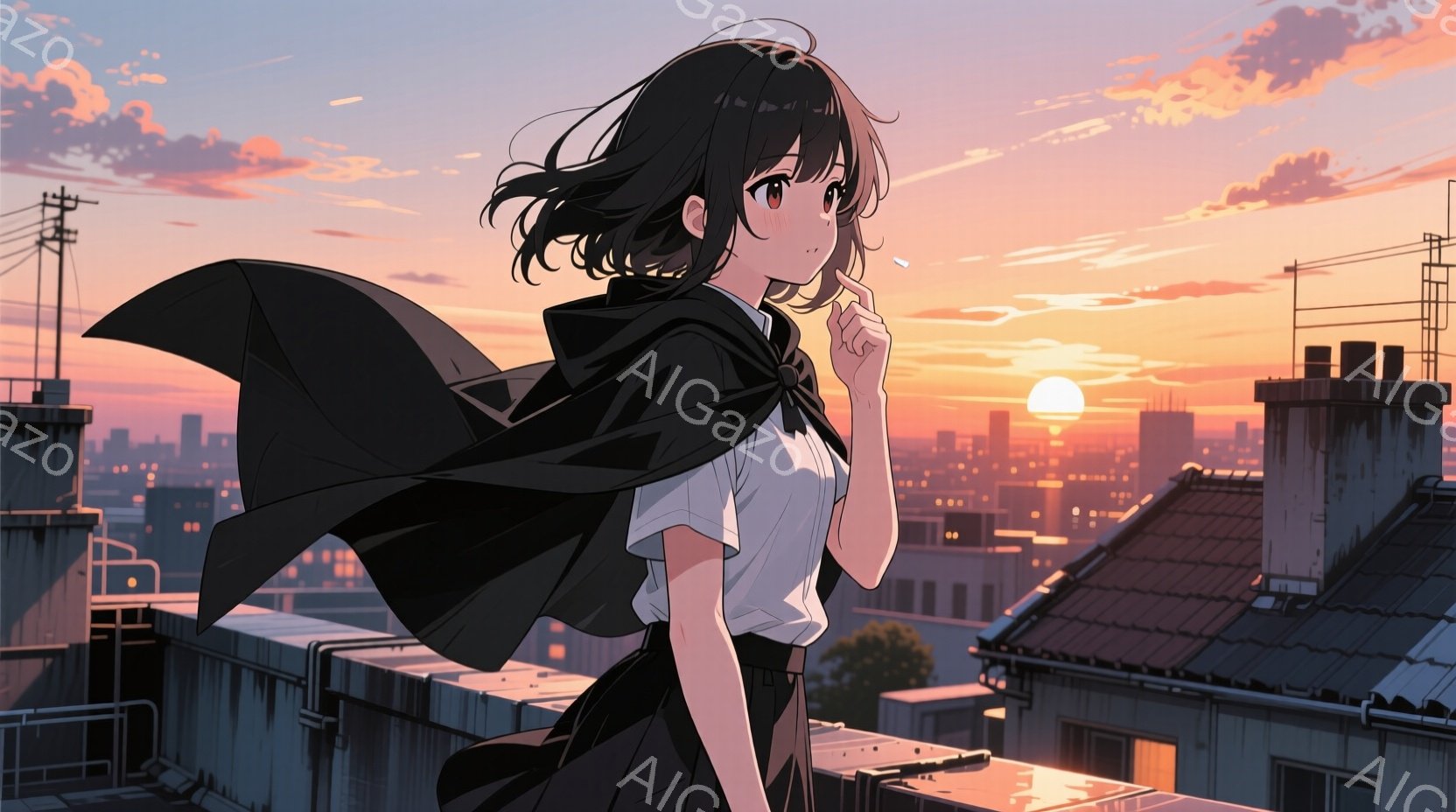 屋根の上で、黒髪の少女が白いシャツと黒いスカート、そして黒いショールを身に着けて立っている。彼女は片手を顎に当て、物思いにふけった表情を浮かべている。背景には夕焼け空と、密集した市街地の屋根が広がり、ノスタルジックで穏やかな雰囲気を醸し出している。