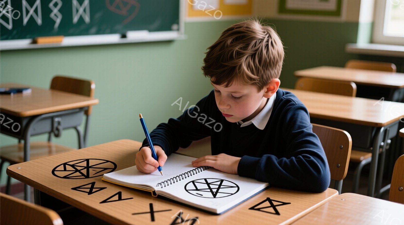 茶髪の少年が教室で机に向かい、鉛筆でノートに黒い模様を描いています。少年は紺色のセーターと白いシャツを着ており、集中した表情で筆記作業に没頭しています。教室は緑色の壁で、他の机と椅子が見え、全体的に学習に集中した静かな雰囲気が漂っています。