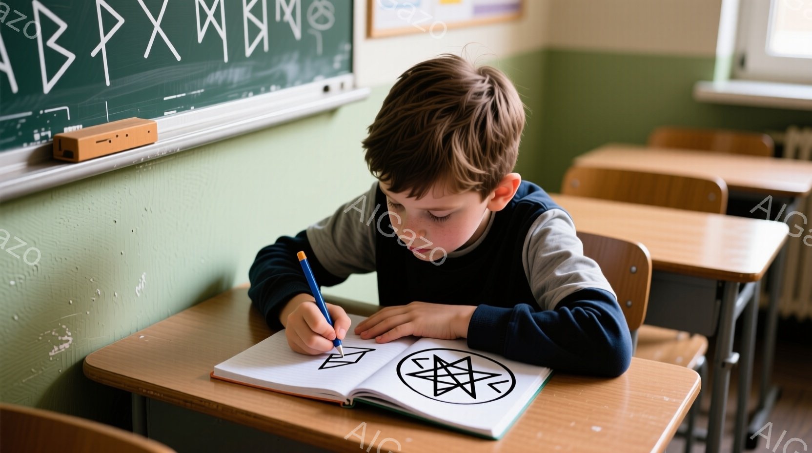 茶髪の少年が教室でノートに何かを描いています。彼は青いセーターと濃い色のシャツを着ており、集中した表情でペンを握っています。背景には黒板があり、教室の壁は薄い緑色で、全体的に落ち着いた学習環境が感じら - AI生成フリー素材