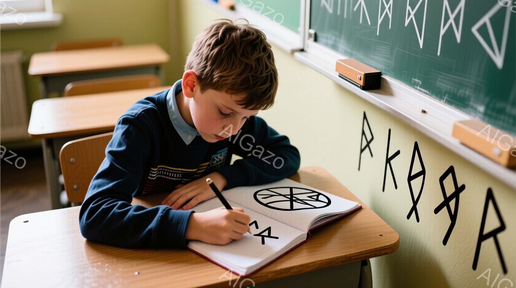 茶色の髪の少年が、木製の机に座ってノートに何かを描いています。彼は紺色のセーターを着ており、真剣な表情で集中して線を描いています。背景には黒板があり、数学的な記号や図形が書かれており、教室の様子が伺えます。