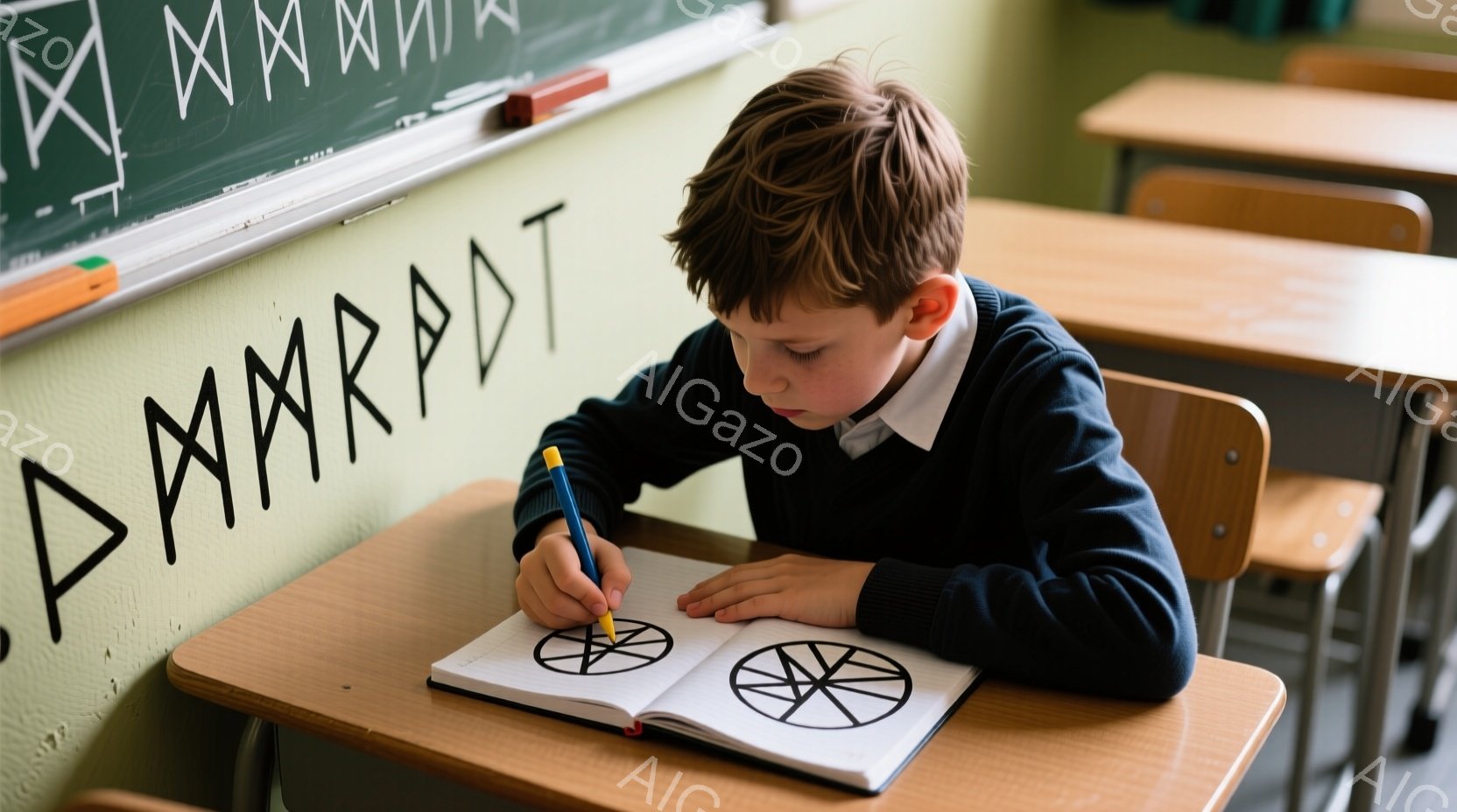 少年は学校の教室で机に向かい、ノートに線を引いている。紺色のセーターを着ており、茶色の髪は短く整えられている。背景には黒板があり、数学的な記号が書かれており、教室の雰囲気は集中して学習に取り組んでいる様子を表している。