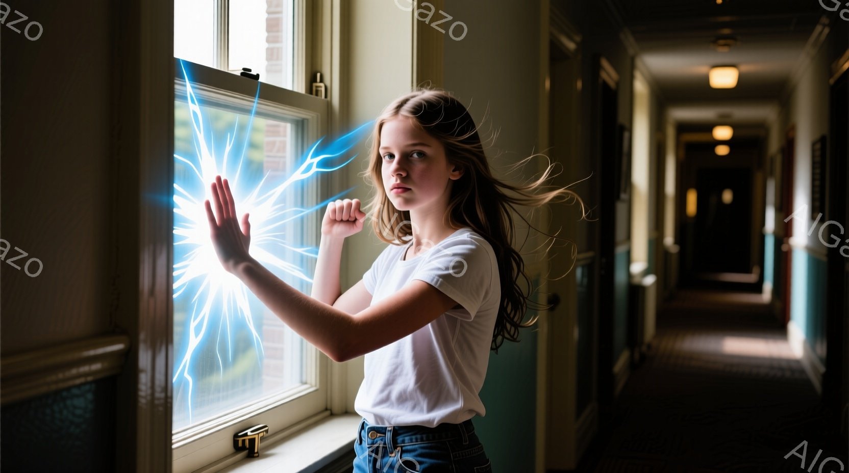 少女は窓枠に手を当て、青い稲妻のようなエネルギーを放っています。彼女は白いTシャツとジーンズを着ており、髪は肩まで伸びて少し乱れています。背景は廊下の様子で、落ち着いた色調が使われており、少し不気味な雰囲気を醸し出しています。