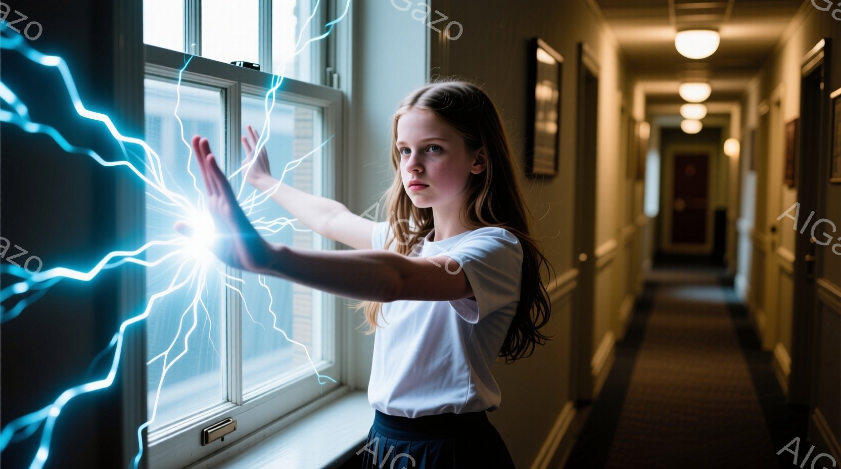 長い茶色の髪をした少女が、窓辺で両手を前に突き出し、青い稲妻のようなエネルギーを操っているように見える。白いTシャツと濃い色のスカートを着用し、少し真剣な表情で正面を見つめている。背景は廊下のようで、壁には絵画が飾られ、落ち着いたトーンで全体的に神秘的な雰囲気を醸し出している。