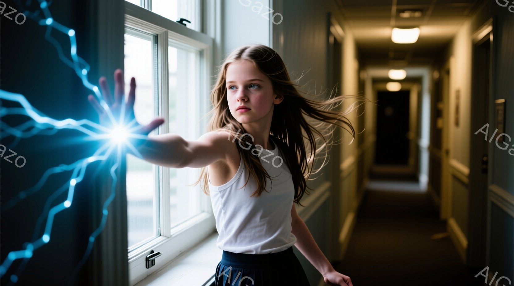 長い髪をなびかせた少女が、窓辺で青い光のエネルギーを放つポーズをとっています。白いタンクトップと黒いスカートを着用し、強い意志と集中力を感じさせる表情をしています。背景は廊下のようで、光が差し込み、少女を中心にドラマチックな雰囲気を醸し出しています。