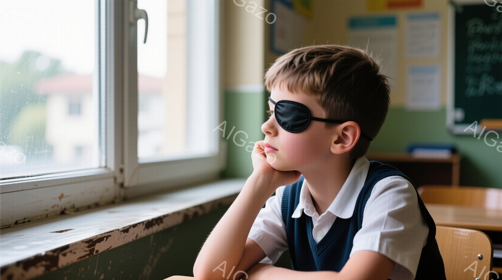 男の子は教室の窓辺に座り、片方の目を覆う眼帯をつけています。紺色のベストと白いシャツを着ており、髪は短く整えられています。表情は少し憂いを含んでおり、遠くを見つめ、考え込んでいる様子がうかがえます。